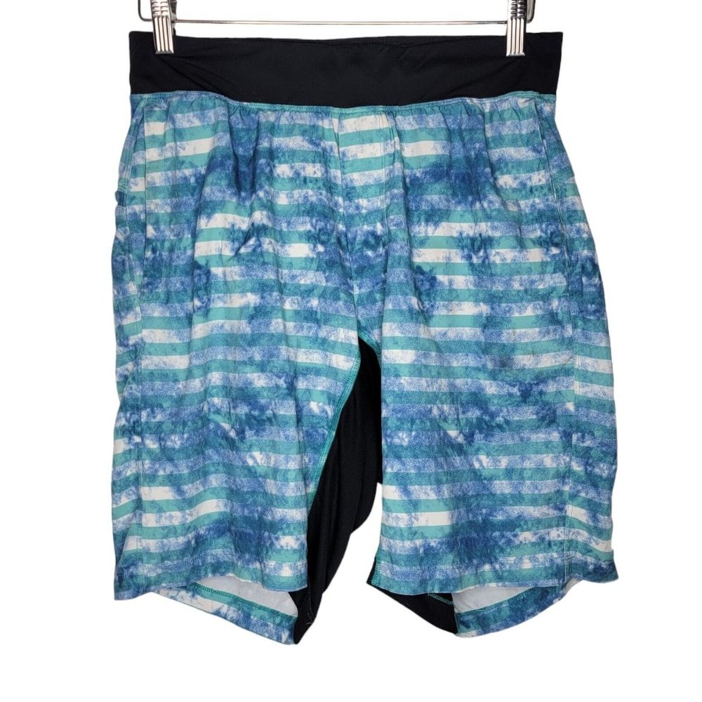 Lululemon‎ Size Medium Men's T.H.E Lined Short Blue Tidal Stripe Athletic
